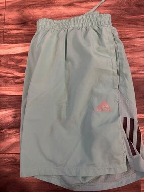 adidas Men’s Mint Green Athletic Shorts with Pink Logo